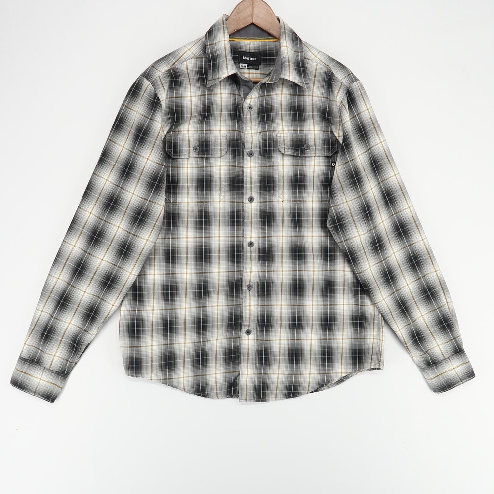 Marmot Shirt Mens Medium Gray Black Plaid Button Front Long Sleeve Outdoor Trail